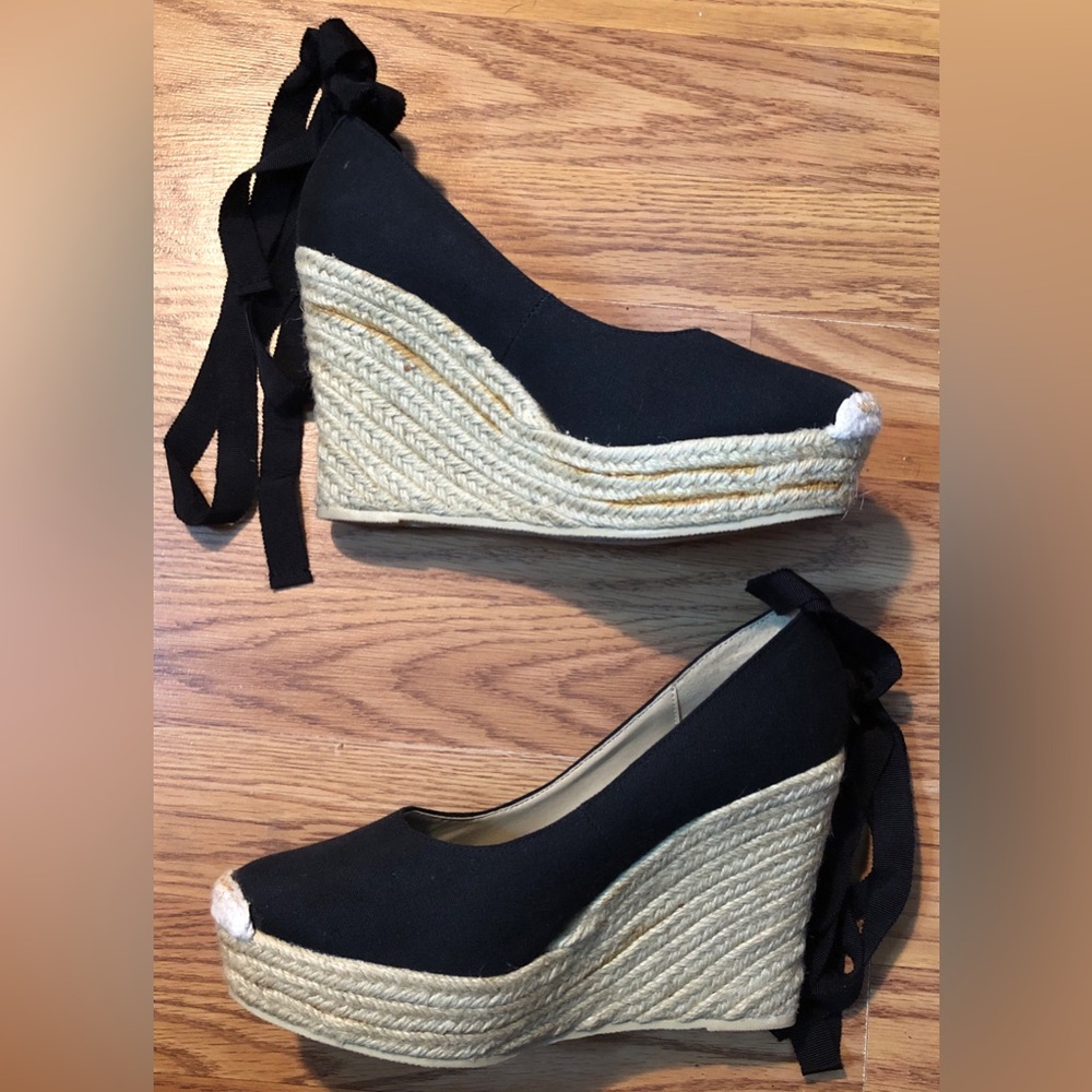 Mossimo Black Espadrille Shoes 4” inch Platform Straw Heel & Tie Accent Size 7